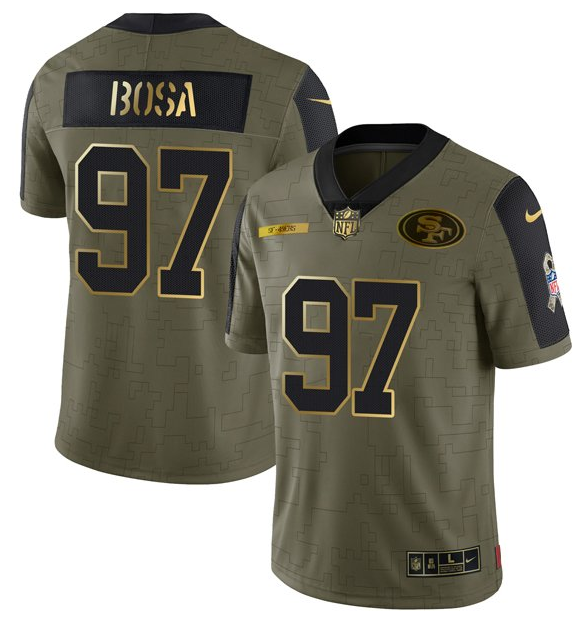 Men's San Francisco 49ers #97 Nick Bosa 2021 Olive Camo Salute To Service Golden Limited Stitched Jersey